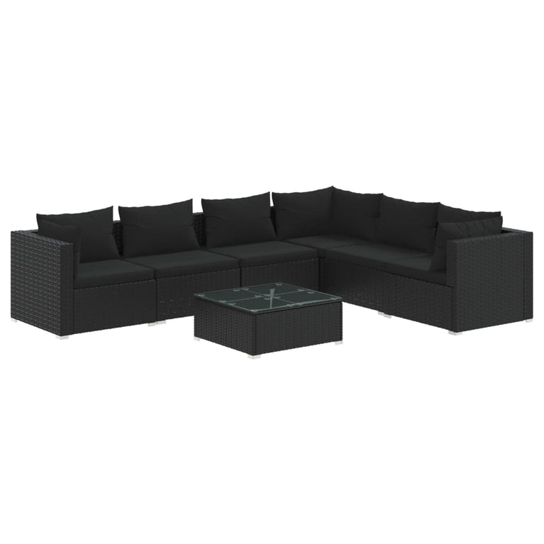 7-delige Loungeset met kussens poly rattan zwart
