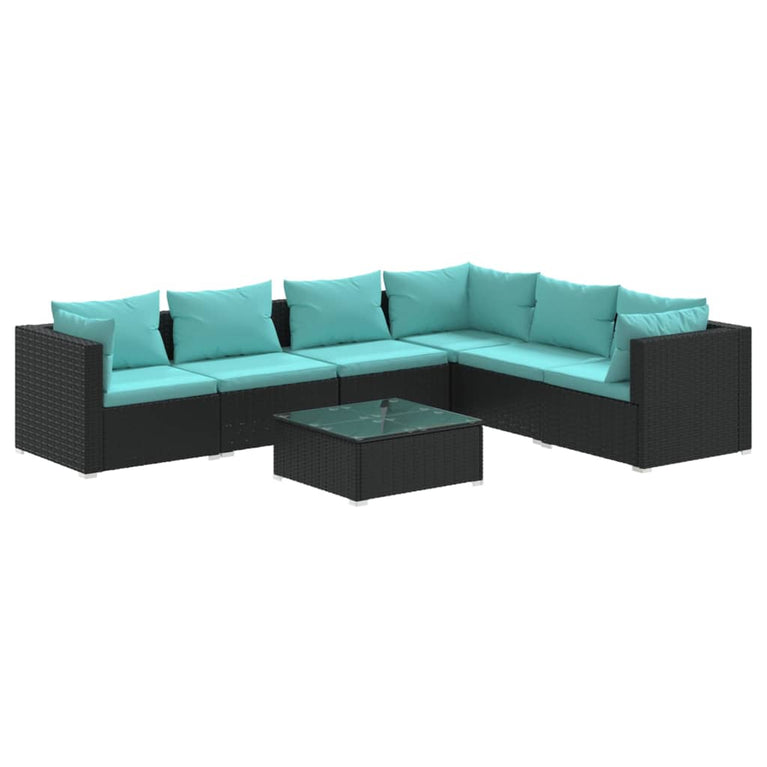 7-delige Loungeset met kussens poly rattan zwart