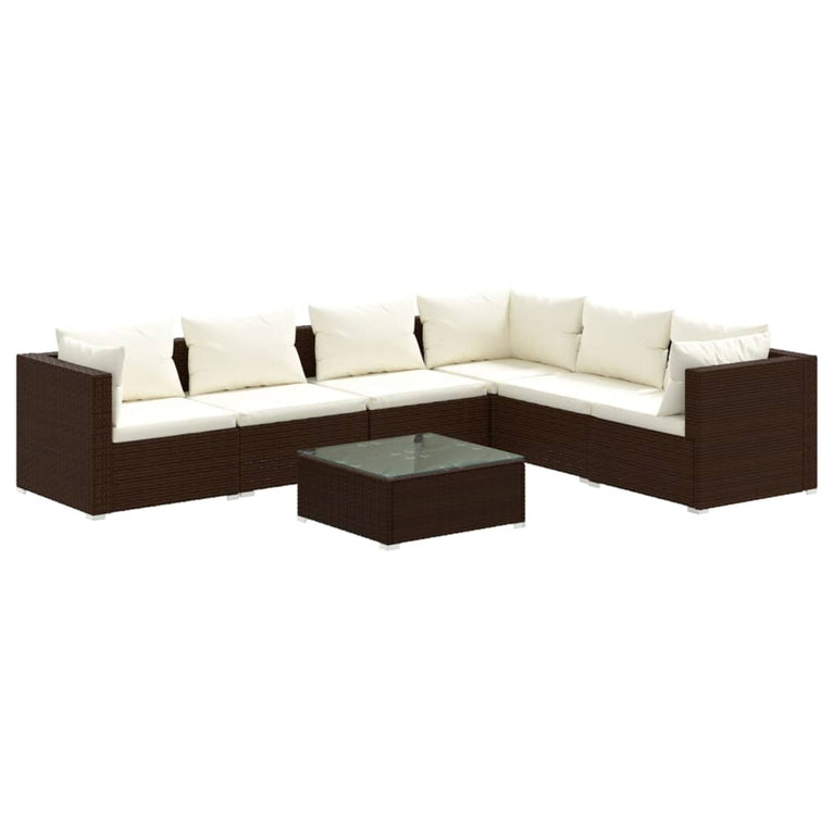 7-delige Loungeset met kussens poly rattan bruin
