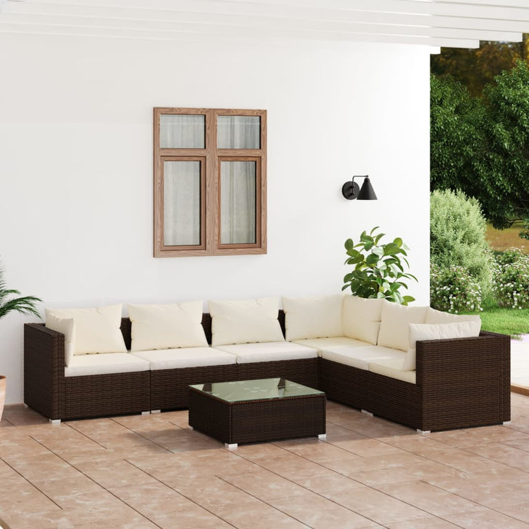 7-delige Loungeset met kussens poly rattan bruin