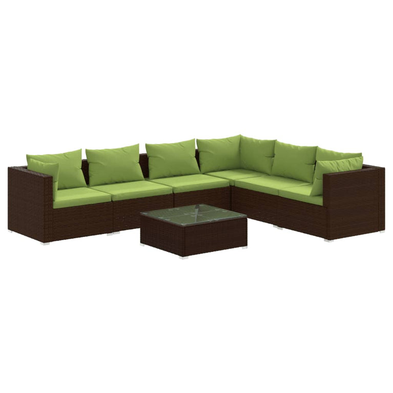7-delige Loungeset met kussens poly rattan bruin