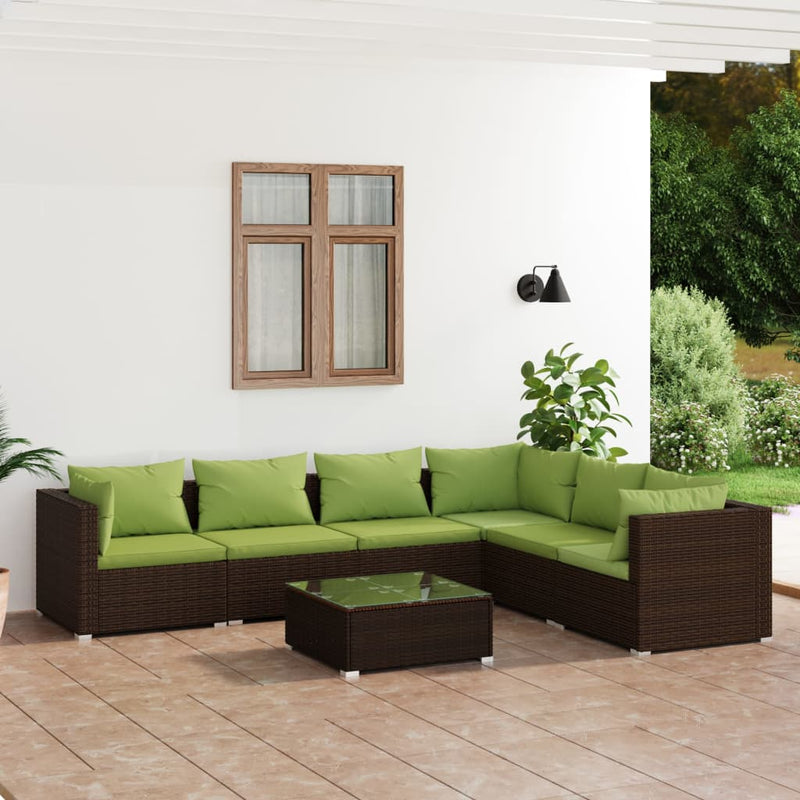 7-delige Loungeset met kussens poly rattan bruin