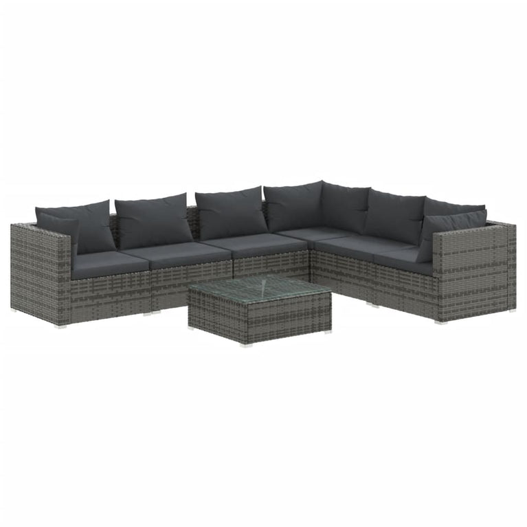 7-delige Loungeset met kussens poly rattan grijs
