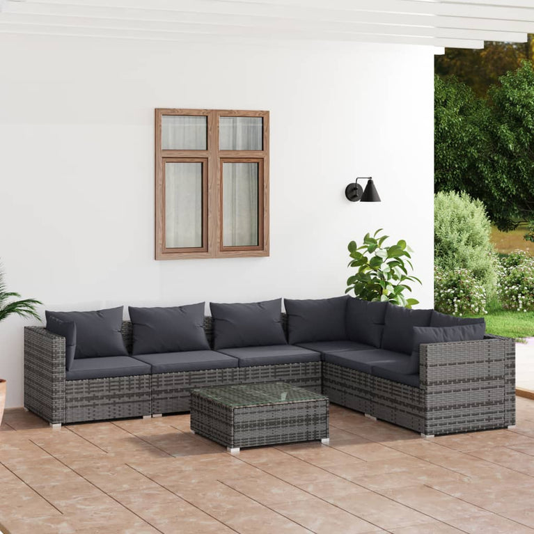7-delige Loungeset met kussens poly rattan grijs