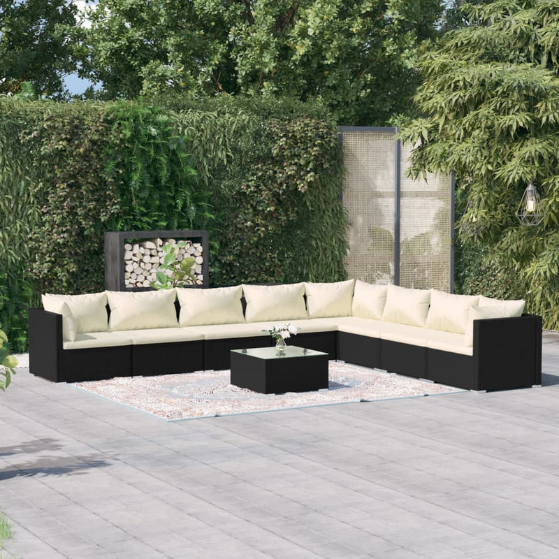 9-delige Loungeset met kussens poly rattan zwart