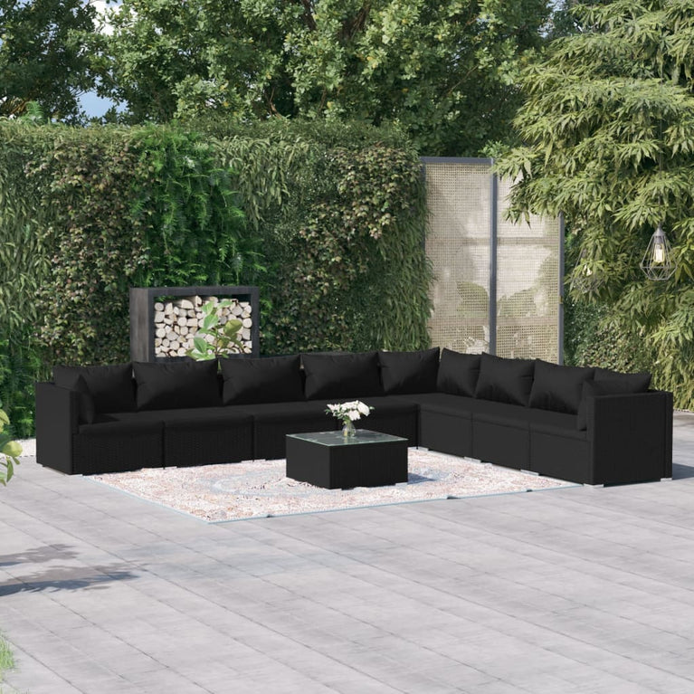 9-delige Loungeset met kussens poly rattan zwart