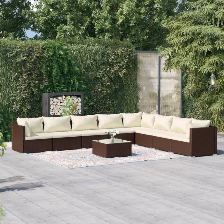 9-delige Loungeset met kussens poly rattan bruin
