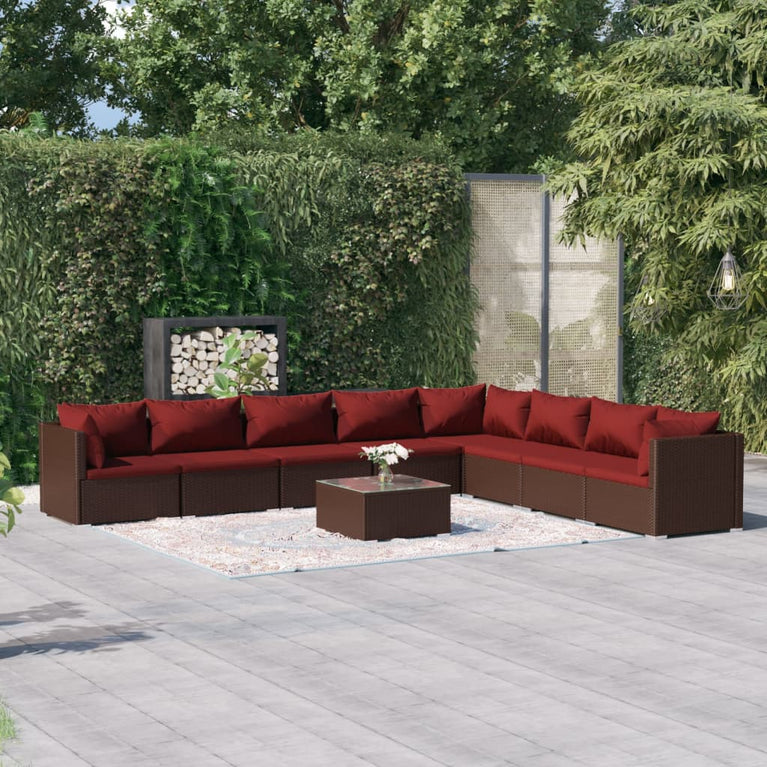 9-delige Loungeset met kussens poly rattan bruin
