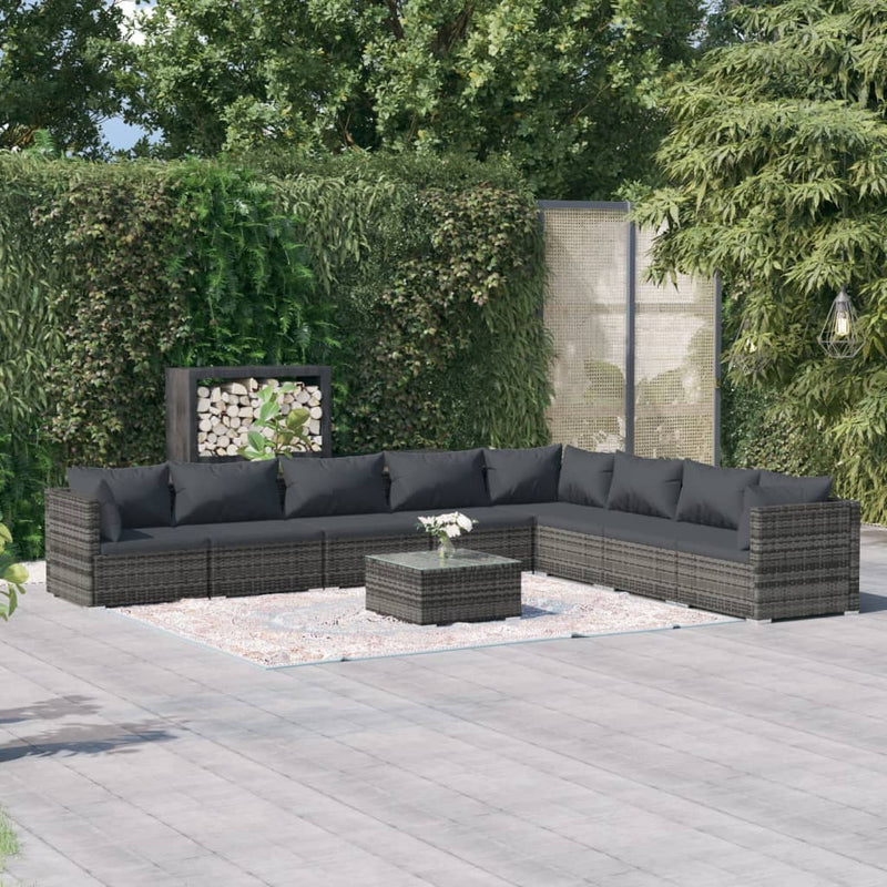 9-delige Loungeset met kussens poly rattan grijs