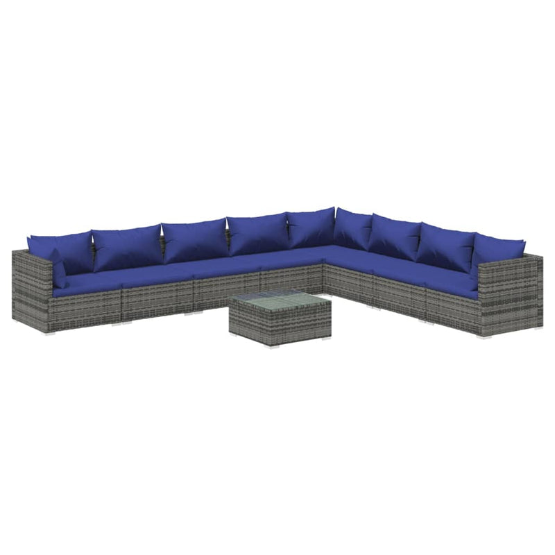 9-delige Loungeset met kussens poly rattan grijs
