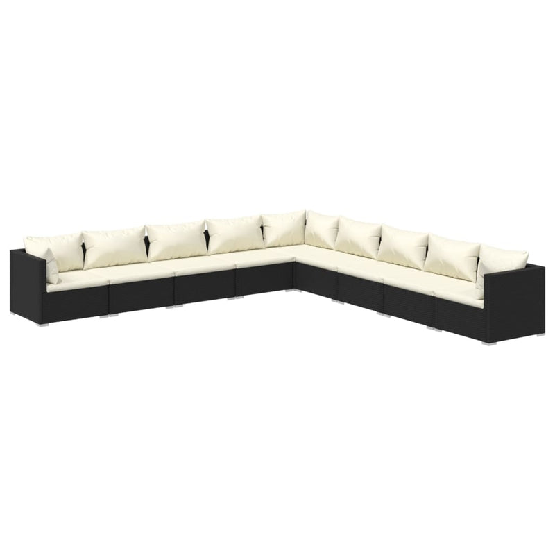 9-delige Loungeset met kussens poly rattan zwart