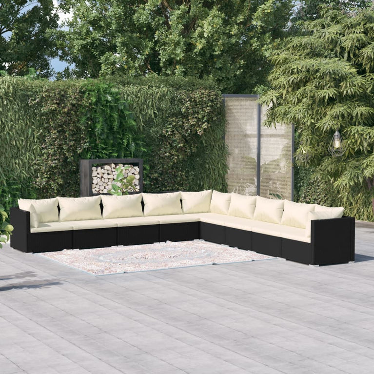 9-delige Loungeset met kussens poly rattan zwart