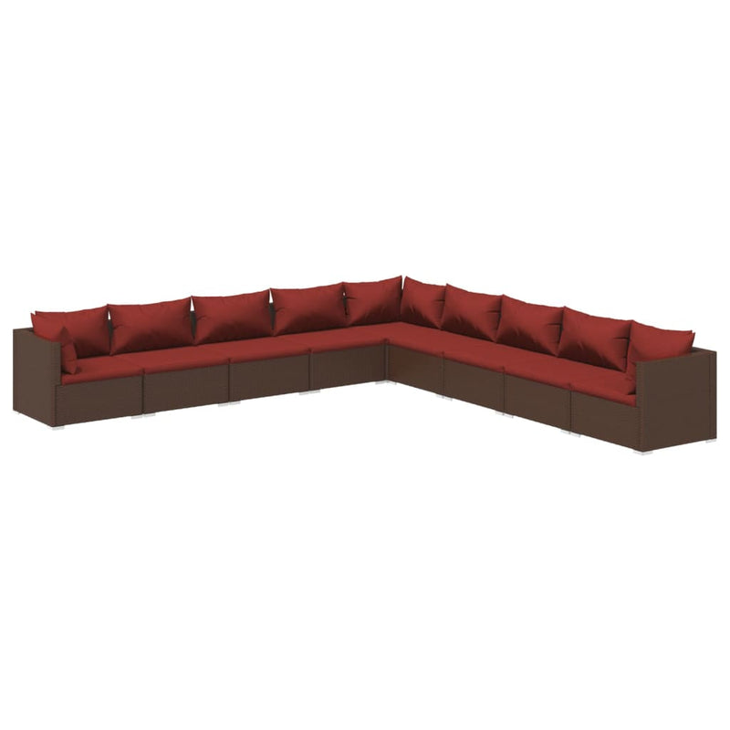 9-delige Loungeset met kussens poly rattan bruin