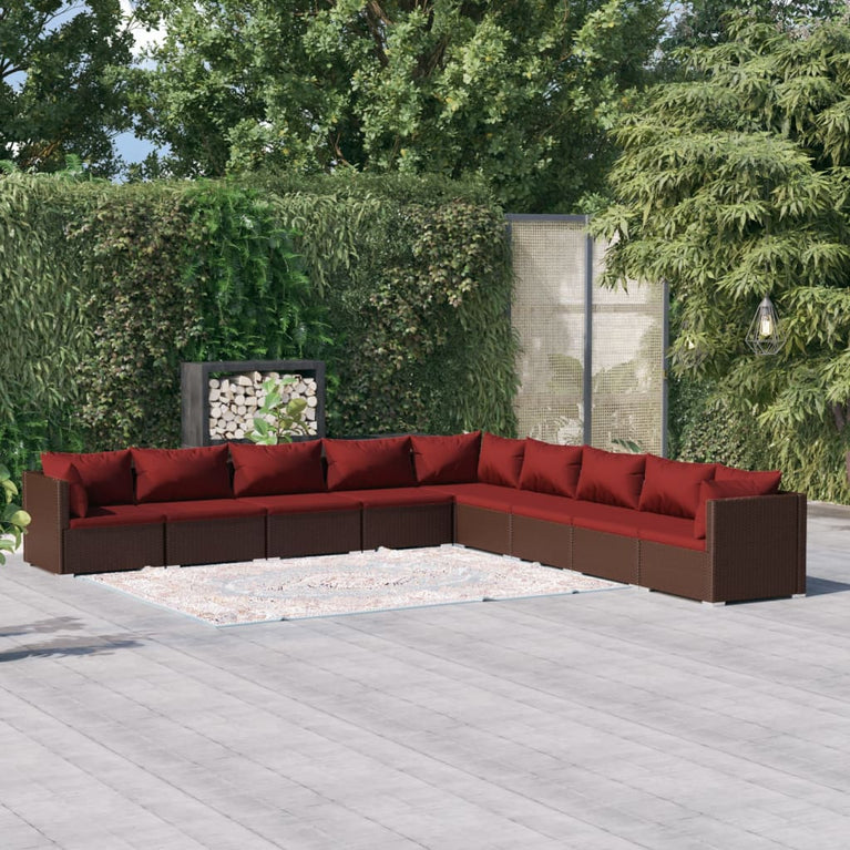 9-delige Loungeset met kussens poly rattan bruin