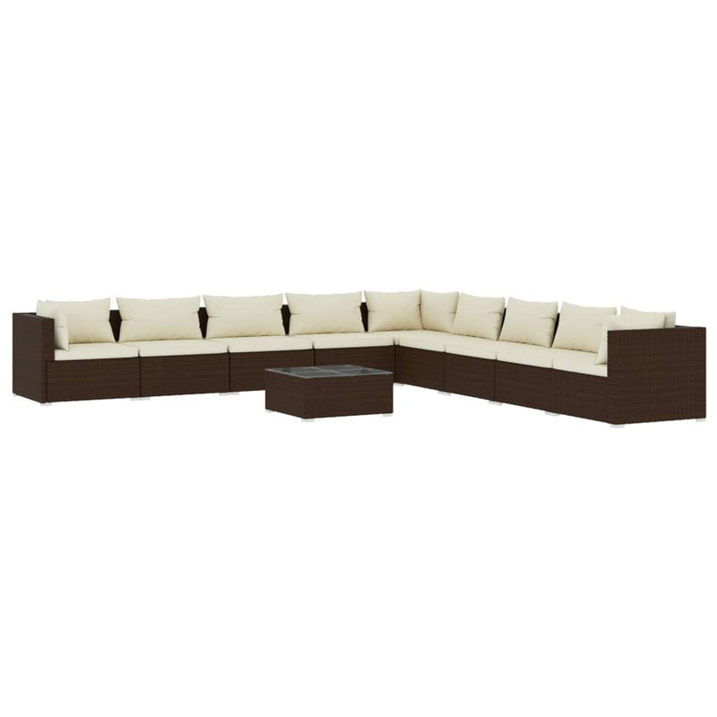 10-delige Loungeset met kussens poly rattan bruin
