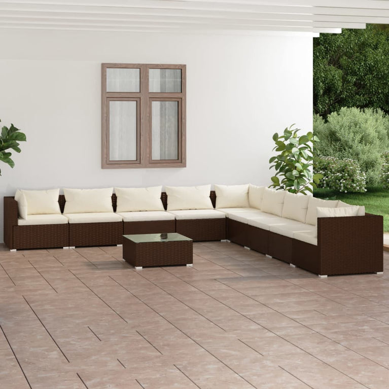 10-delige Loungeset met kussens poly rattan bruin
