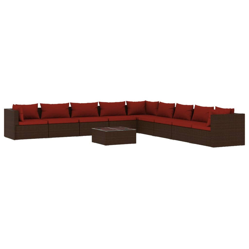 10-delige Loungeset met kussens poly rattan bruin