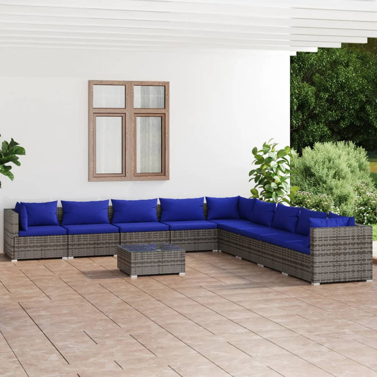 10-delige Loungeset met kussens poly rattan grijs