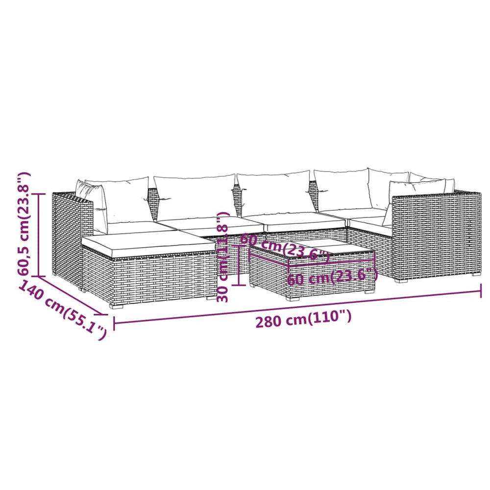 7-delige Loungeset met kussens poly rattan bruin MeubelReus