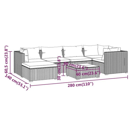 7-delige Loungeset met kussens poly rattan bruin MeubelReus