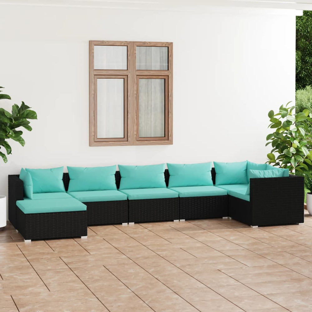 7-delige Loungeset met kussens poly rattan zwart MeubelReus