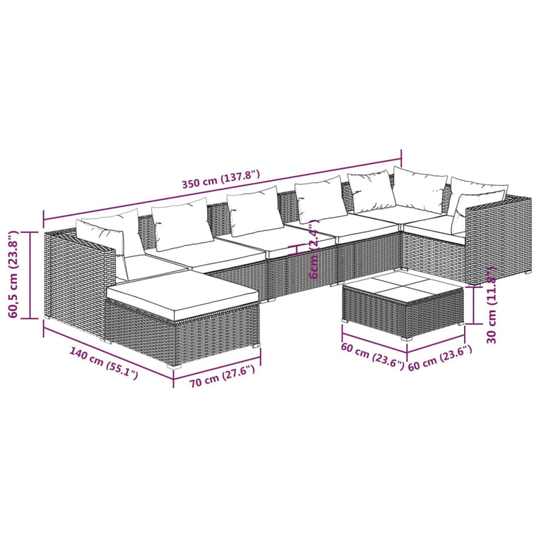 8-delige Loungeset met kussens poly rattan zwart MeubelReus