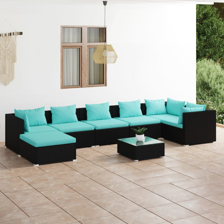 8-delige Loungeset met kussens poly rattan zwart MeubelReus