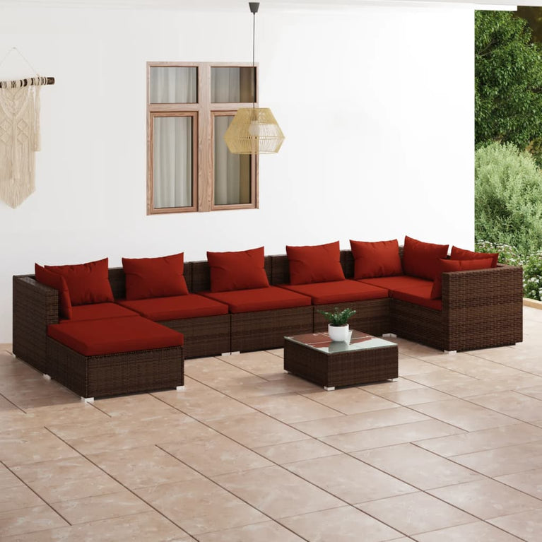 8-delige Loungeset met kussens poly rattan bruin 
