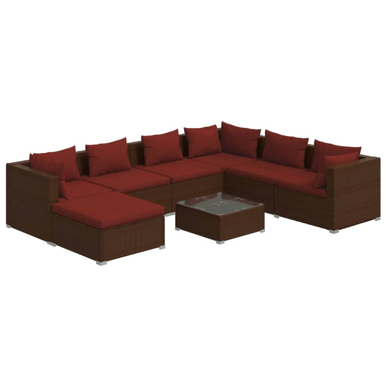 8-delige Loungeset met kussens poly rattan bruin 