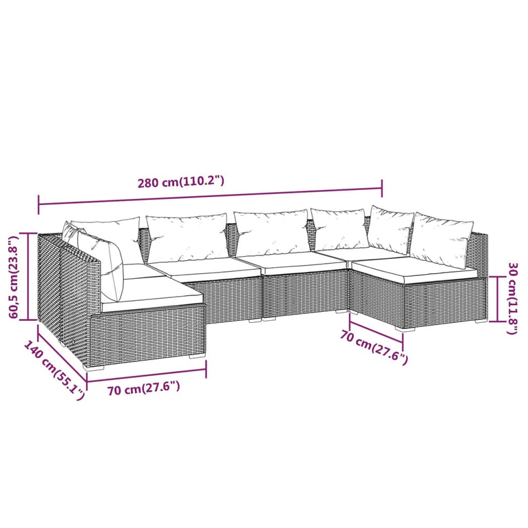 6-delige Loungeset met kussens poly rattan zwart MeubelReus