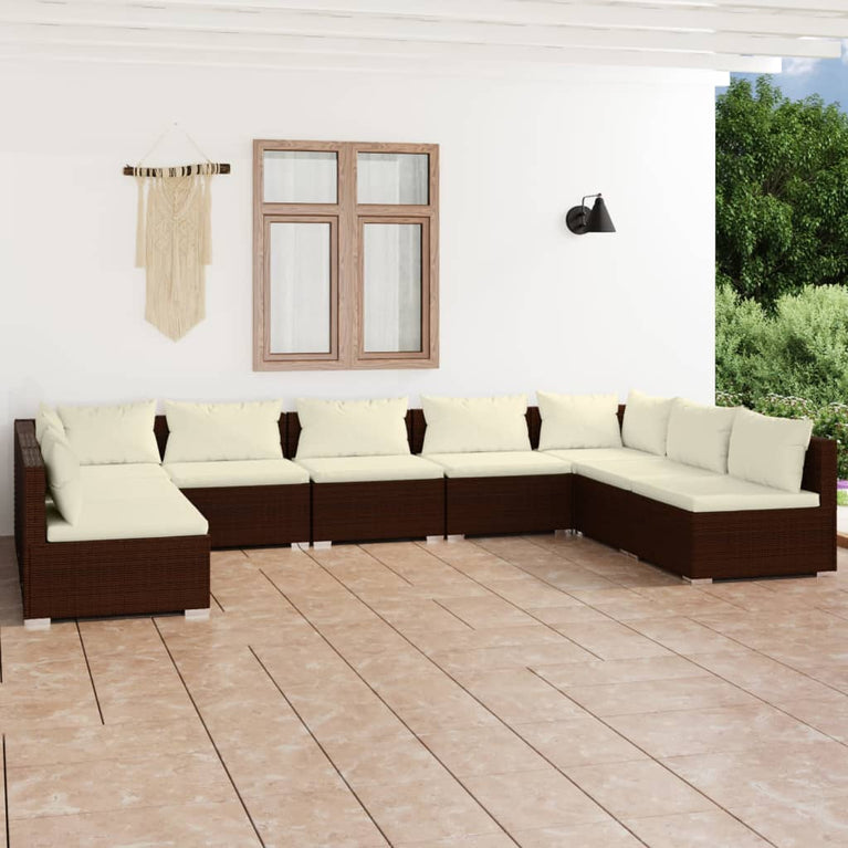 9-delige Loungeset met kussens poly rattan bruin MeubelReus