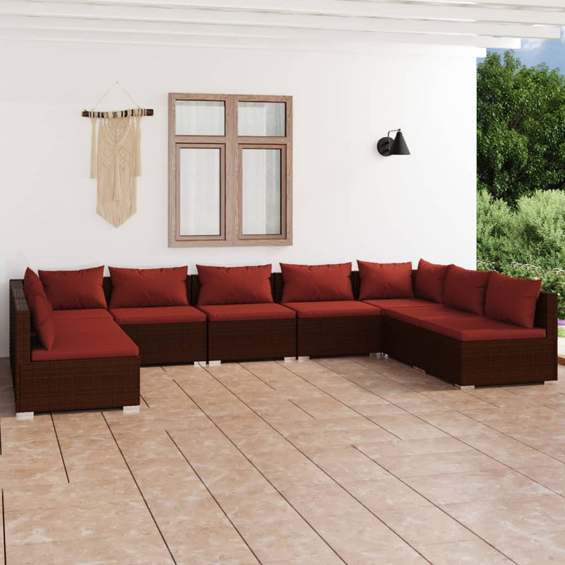 9-delige Loungeset met kussens poly rattan bruin
