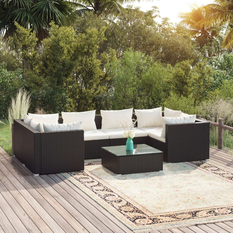7-delige Loungeset met kussens poly rattan zwart MeubelReus
