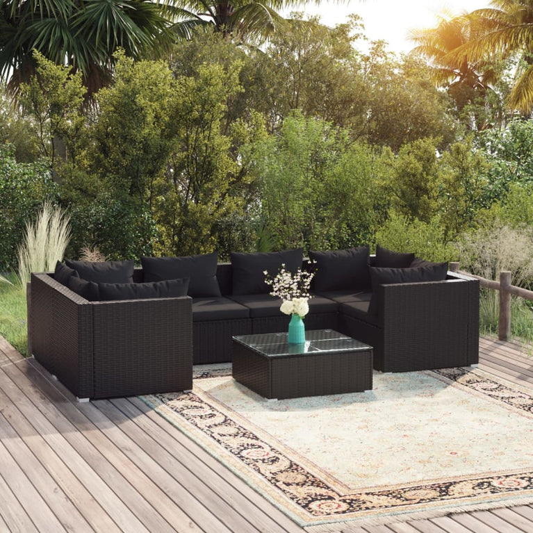 7-delige Loungeset met kussens poly rattan zwart MeubelReus