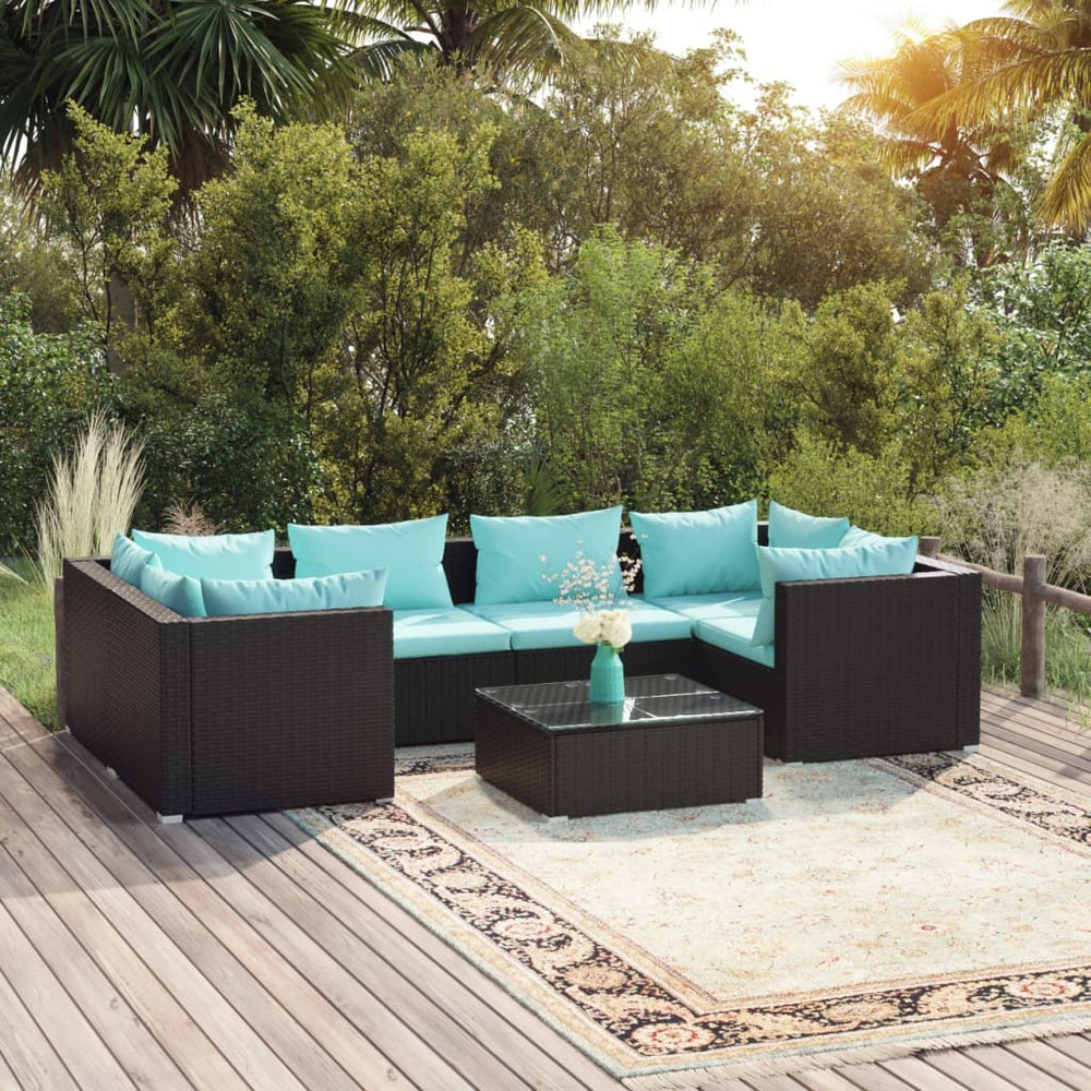 7-delige Loungeset met kussens poly rattan zwart MeubelReus