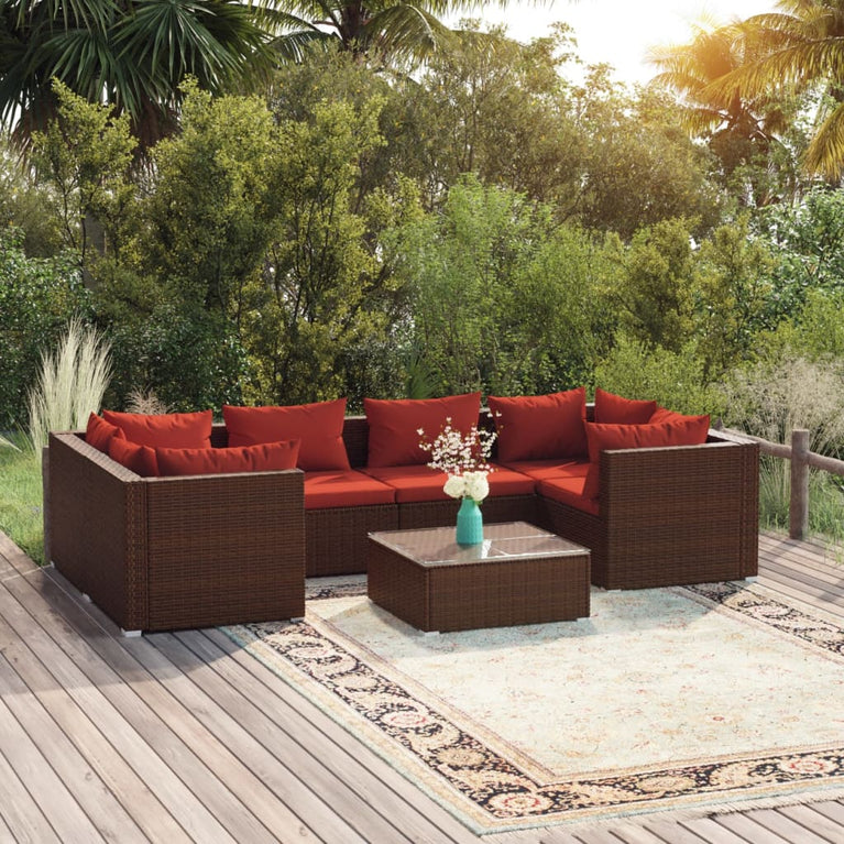 7-delige Loungeset met kussens poly rattan bruin MeubelReus