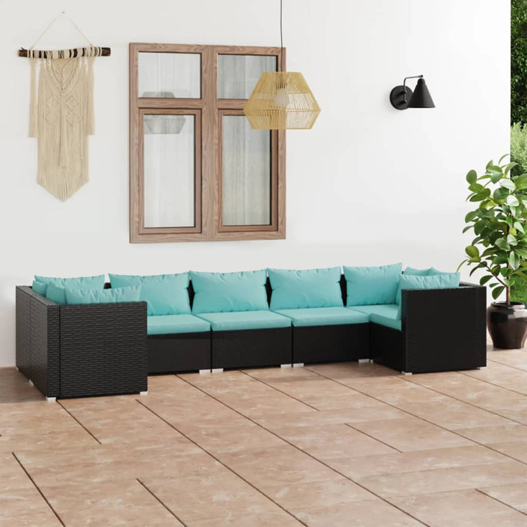 7-delige Loungeset met kussens poly rattan zwart MeubelReus