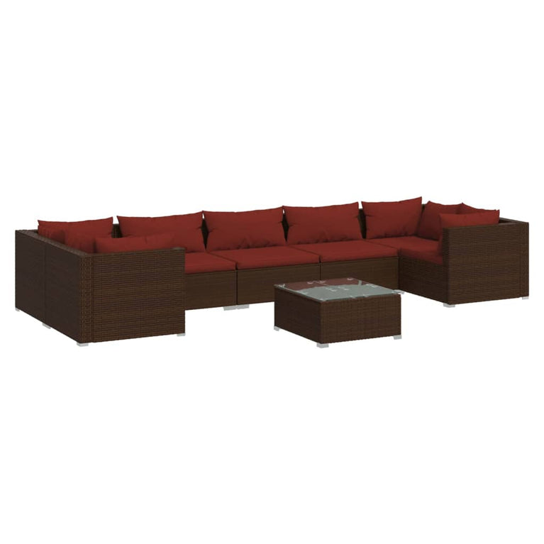 8-delige Loungeset met kussens poly rattan bruin