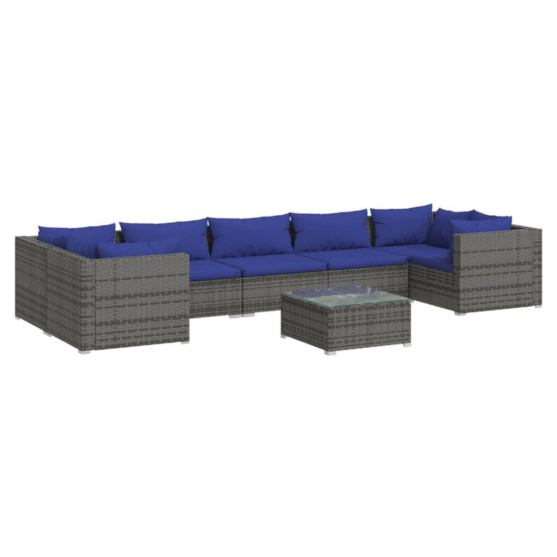 8-delige Loungeset met kussens poly rattan grijs