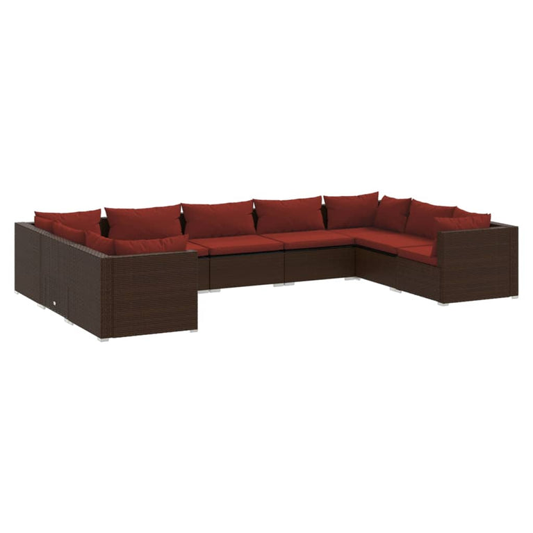 9-delige Loungeset met kussens poly rattan bruin
