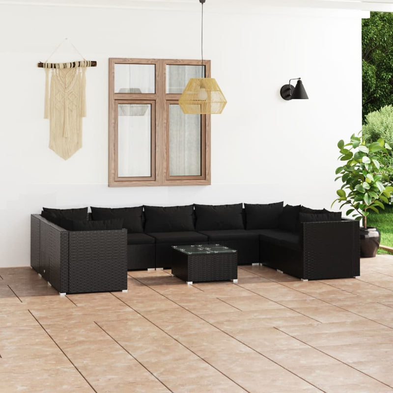 10-delige Loungeset met kussens poly rattan zwart