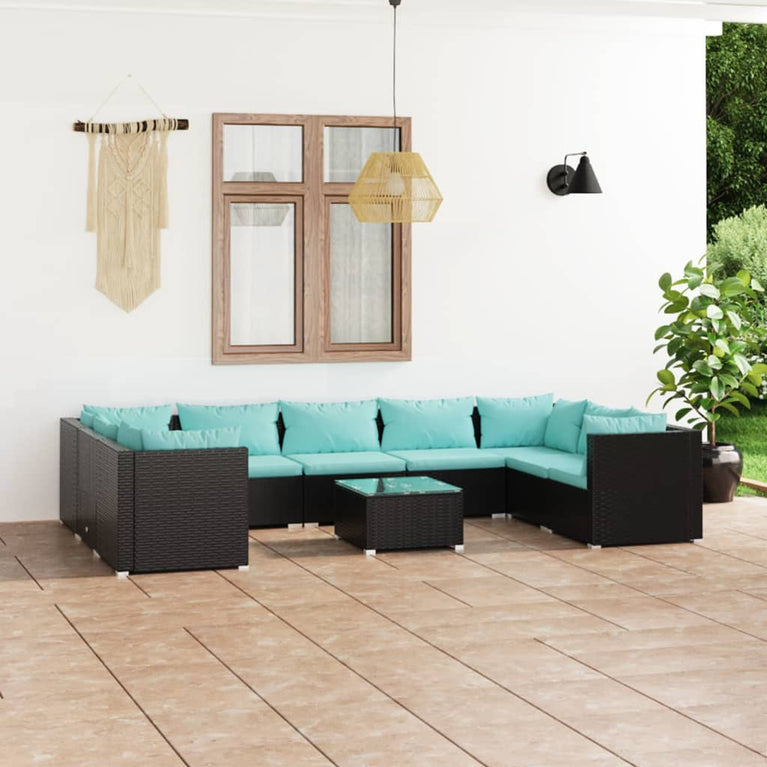 10-delige Loungeset met kussens poly rattan zwart