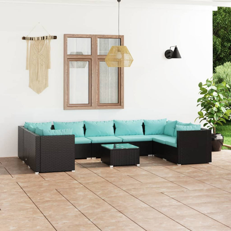 10-delige Loungeset met kussens poly rattan zwart