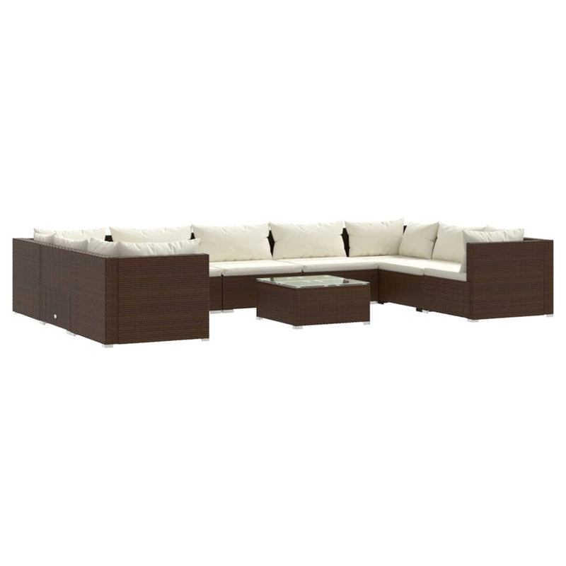 10-delige Loungeset met kussens poly rattan bruin