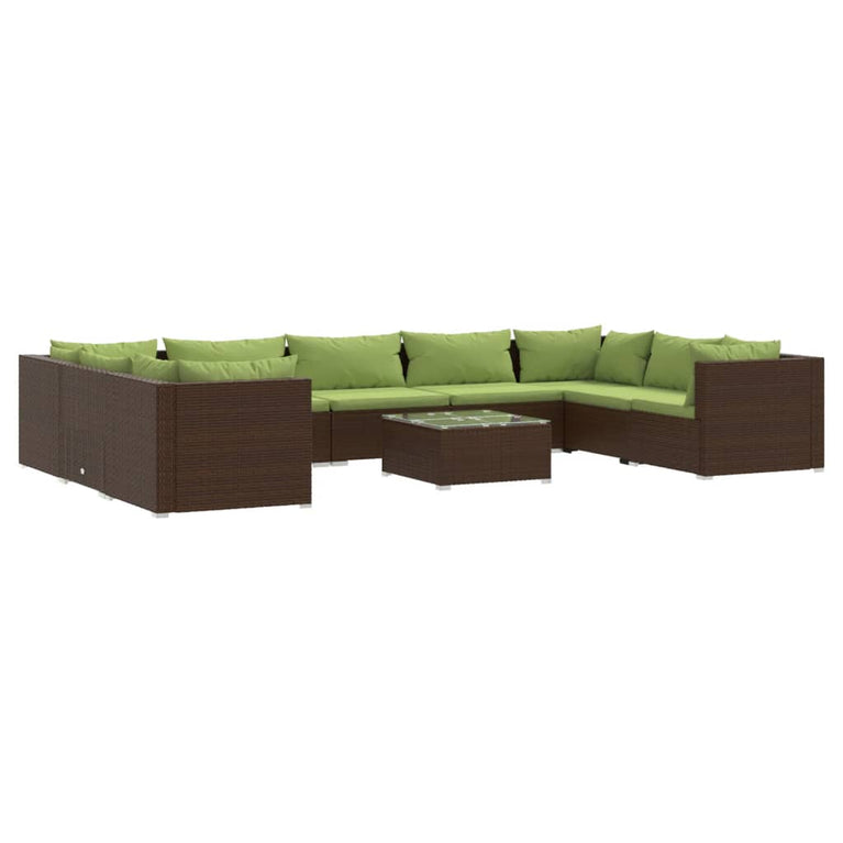 10-delige Loungeset met kussens poly rattan bruin