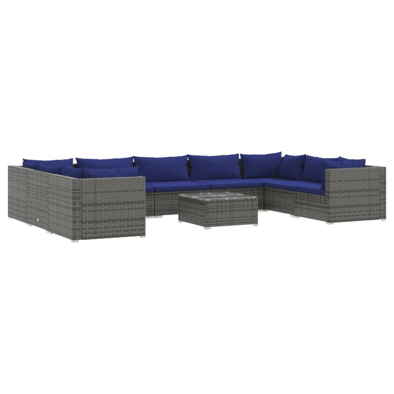 10-delige Loungeset met kussens poly rattan grijs