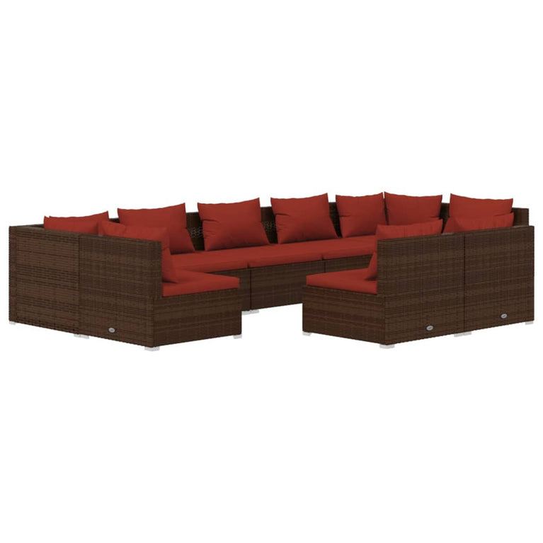 9-delige Loungeset met kussens poly rattan bruin