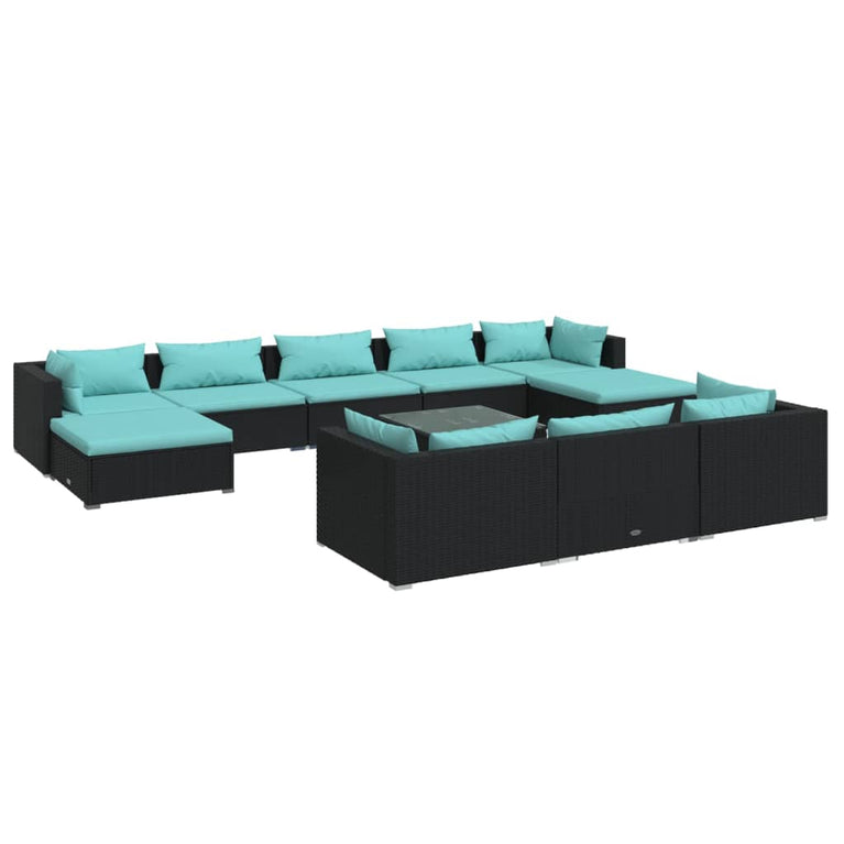11-delige Loungeset met kussens poly rattan zwart MeubelReus