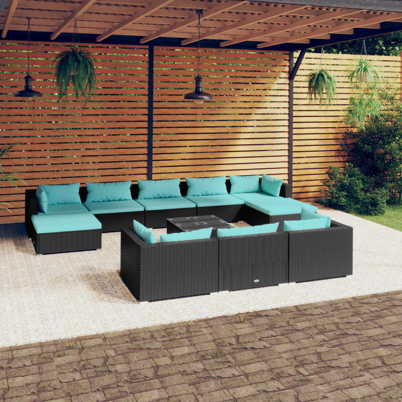 11-delige Loungeset met kussens poly rattan zwart MeubelReus