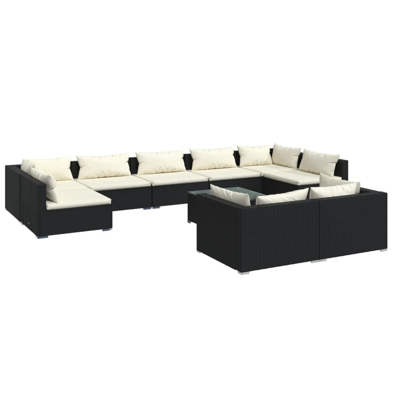 10-delige Loungeset met kussens poly rattan zwart